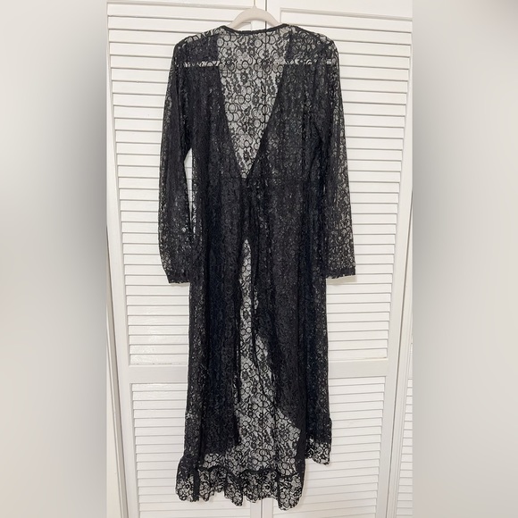 Floral print Lace long maxi wrap dress cover up blouse Tie waist Wrap design L - Picture 2 of 15